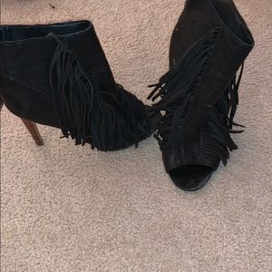 Fringe peep toe booties